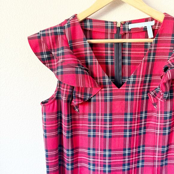 DRAPER JAMES | Red Plaid Navy White Black Flutter Sleeve Ruffle Shift Dress | 14 - Picture 2 of 9